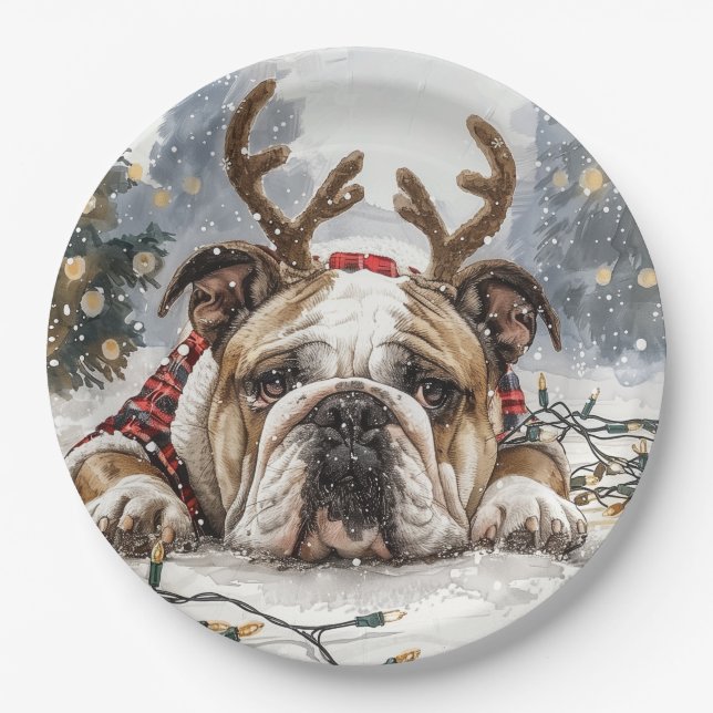 Assiettes En Carton Noël anglais Bulldog Reindeer (Devant)