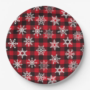 Assiettes En Carton Noël Buffalo rouge flocons de neige plaid motif