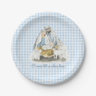 Assiettes En Carton Noël, Crèche, Gingham Bleu