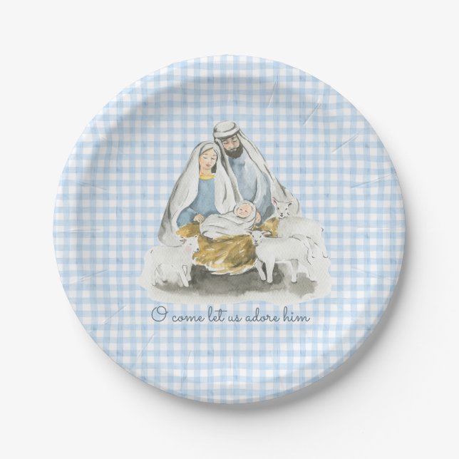 Assiettes En Carton Noël, Crèche, Gingham Bleu (Devant)