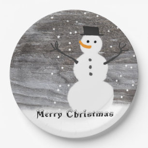 Assiettes En Carton Noël de bonhomme de neige rustique blanc de plaqu