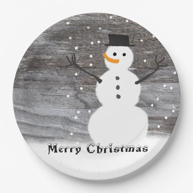 Assiettes En Carton Noël de bonhomme de neige rustique blanc de plaque (Devant)