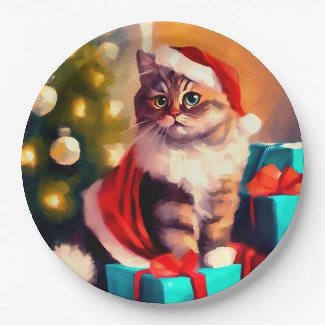 Assiettes En Carton Noël de chat peint (Devant)