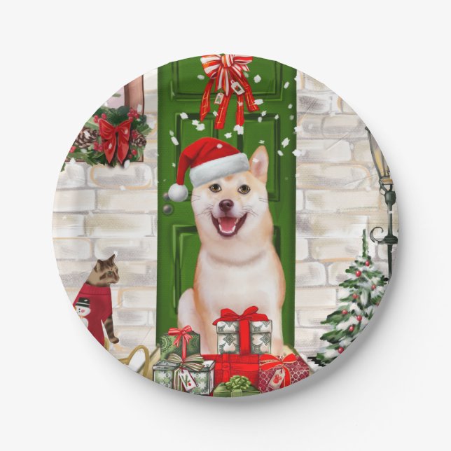 Assiettes En Carton Noël de Chien Shiba Inu (Devant)