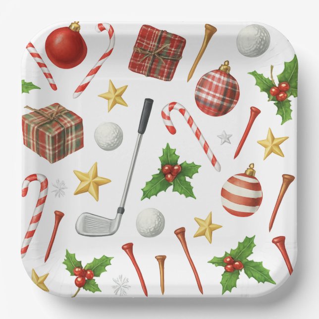 Assiettes En Carton Noël de golf avec balles de golf et équipement de  (Recto)