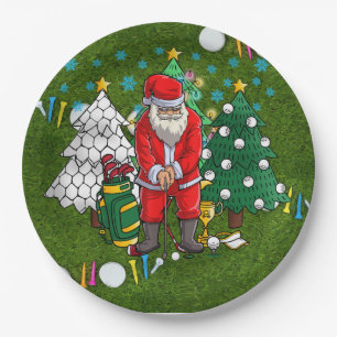 Assiettes En Carton Noël de golf avec le Père Noël avec balle de golf