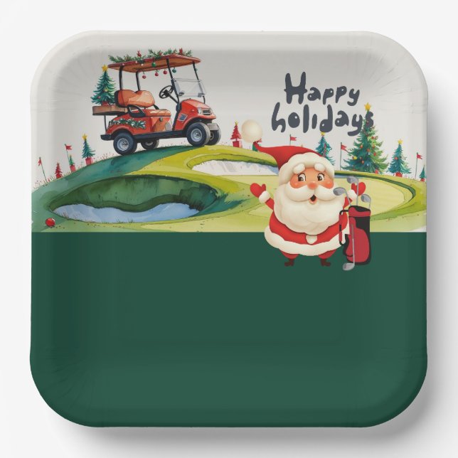 Assiettes En Carton Noël de golf sur le thème du golf du Père Noël (Recto)