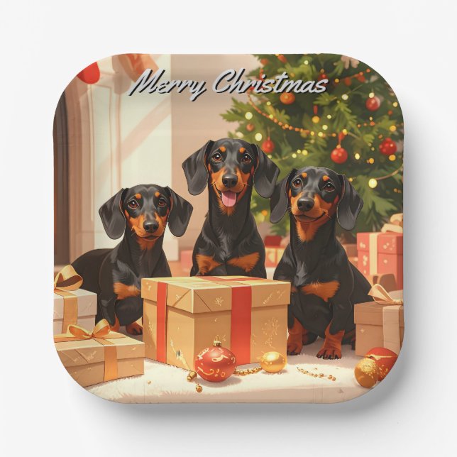 Assiettes En Carton Noël de la famille Dachshund (Recto)