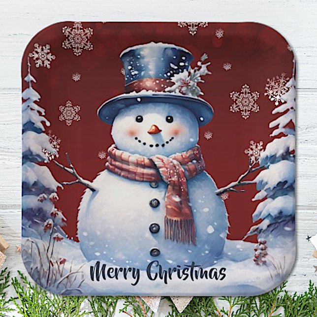 Assiettes En Carton Noël de la forêt d'hiver | Red (Red Winter Forest Snowman Christmas Paper Plates)