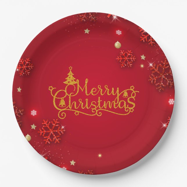 Assiettes En Carton Noël de luxe rouge et or (Devant)