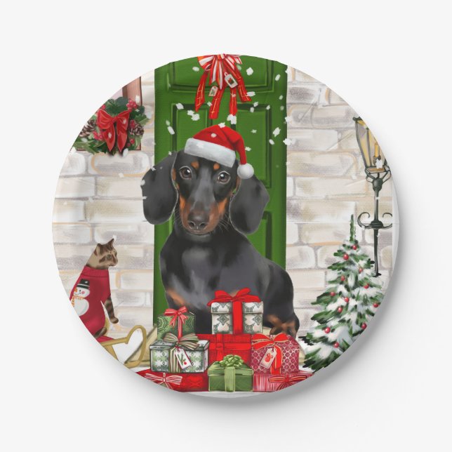 Assiettes En Carton Noël du chien Dachshund (Devant)