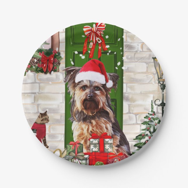 Assiettes En Carton Noël du chien Yorkie (Devant)