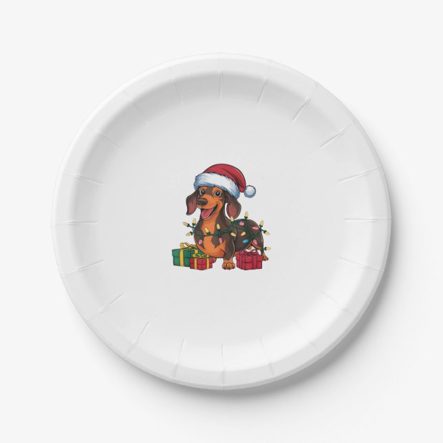 Assiettes En Carton Noël Éclairage de Noël Chapeau Dachshund Chien Noë (Devant)