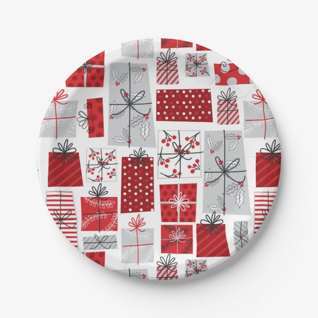Assiettes En Carton Noël Festif Rouge argent moderne Cadeaux (Devant)