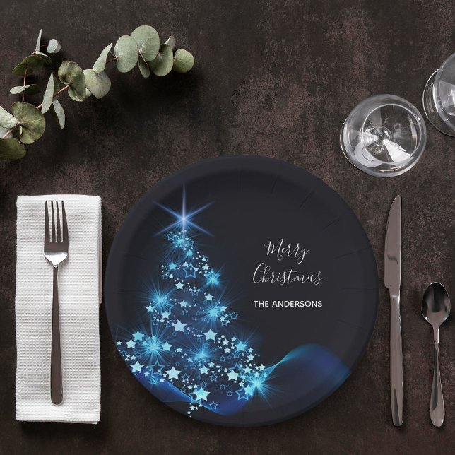 Assiettes En Carton Noël fête noir bleu arbre moderne (Créateur téléchargé)