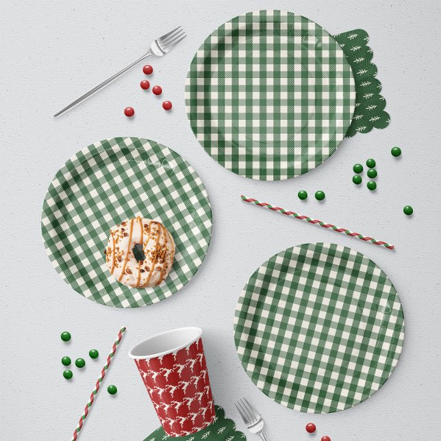 Assiettes En Carton Noël Gingham Vert (Créateur téléchargé)