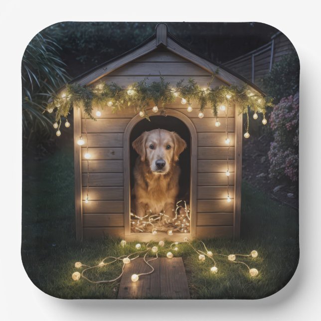 Assiettes En Carton Noel Golden Retriever dans Doghouse (Recto)