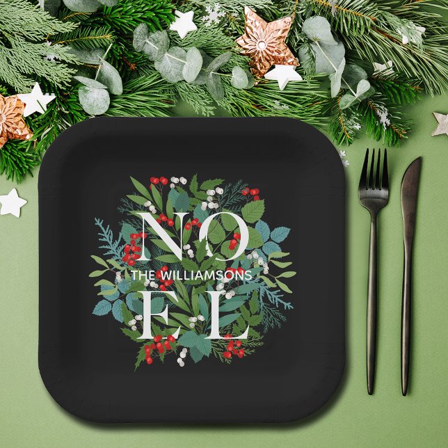 Assiettes En Carton NOEL Greenery Personalized Black Christmas (Créateur téléchargé)
