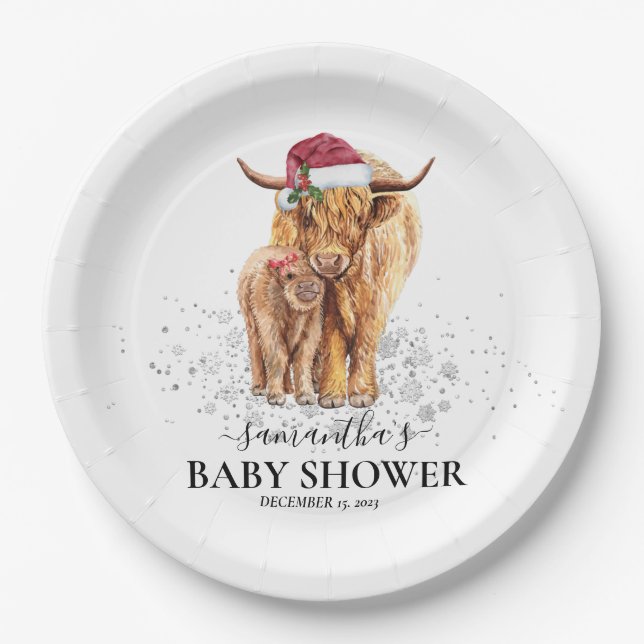 Assiettes En Carton Noël Hiver Highland Cow Calf Baby shower (Devant)