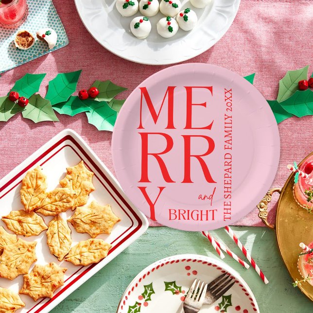 Assiettes En Carton Noël Joyeux et rose rouge vif 2025 (Créateur téléchargé)