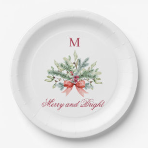 Assiettes En Carton Noël Joyeux et Rouge clair Monogramme Vert