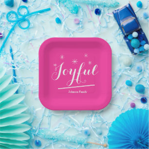 Assiettes En Carton Noël Joyful Hot rose Personnalisé Nom Chic