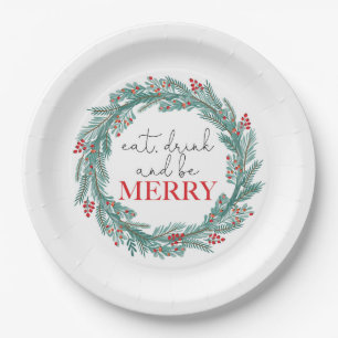 Assiettes En Carton Noël Mangez Boire et Soyez Merry Wreath Red Party