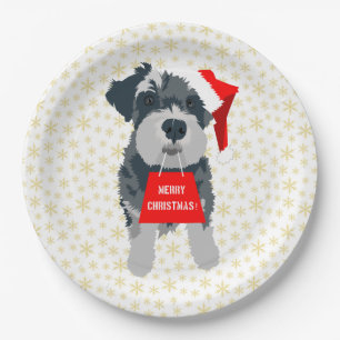 Assiettes En Carton Noël mignonne minuscule Schnauzer Chien Santa Hat