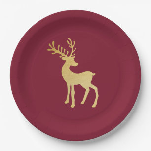 Assiettes En Carton Noel minimaliste moderne rouge et renne d'or