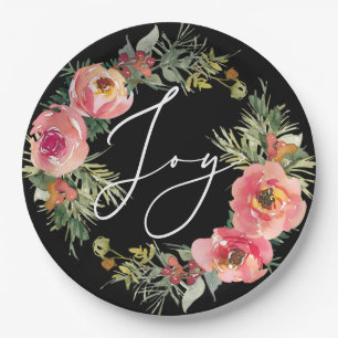 Assiettes En Carton Noël noir. Joie Élégante Script Floral Holiday