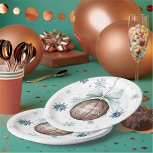 Assiettes En Carton Noël Noix de Coco Ruban Bleu Blanc Flocons de Neig