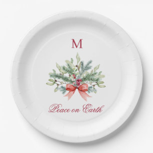 Assiettes En Carton Noël Paix sur Terre Rouge Monogramme Vert