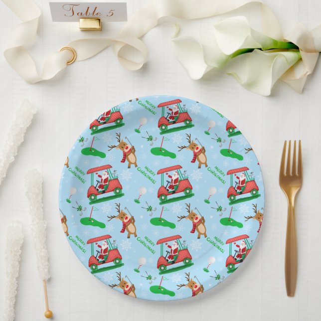 Assiettes En Carton Noël Père Noël Golf avec Motif de rennes (Mariage)