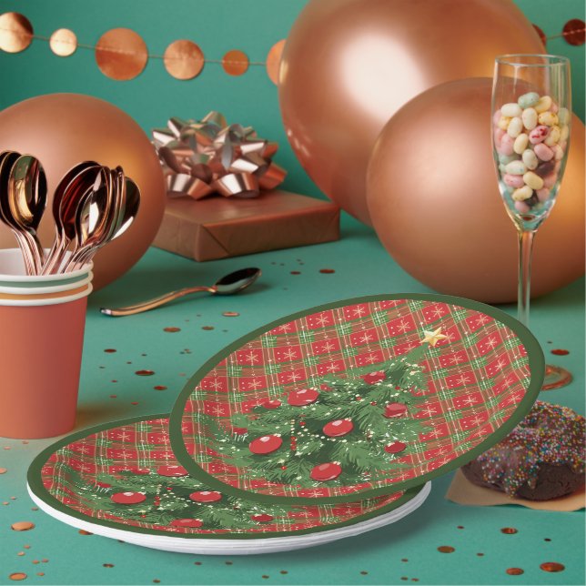Assiettes En Carton Noël Plaid Rouge, Vert avec Flèche-Neige Or (Multi)