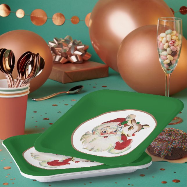 Assiettes En Carton Noël rétro Père Noël et cerfs  (Multi)