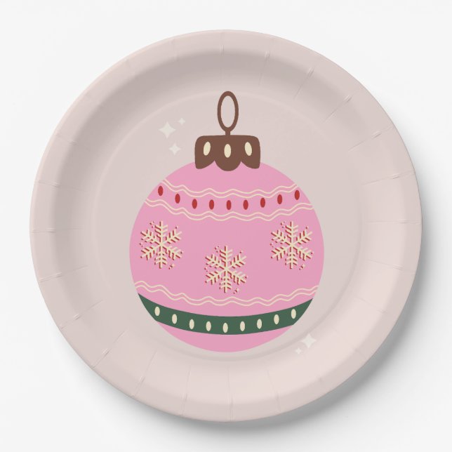 Assiettes En Carton Noël Rétro Vacances rose Bauble (Devant)