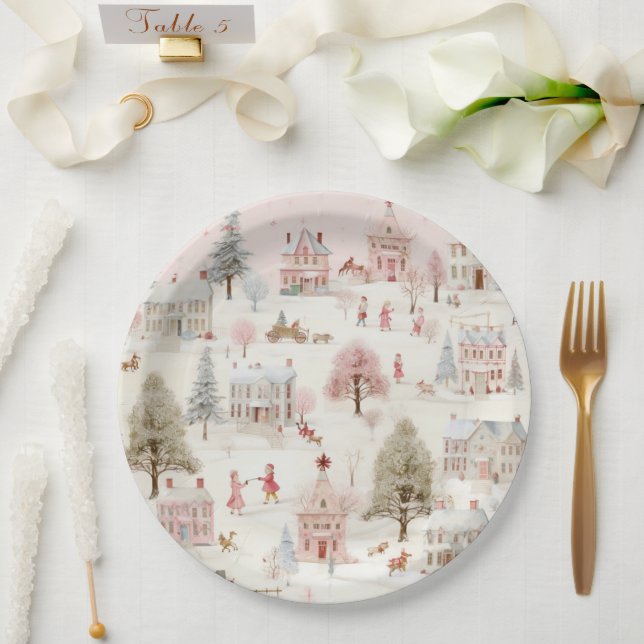 Assiettes En Carton Noël rose vintage (Mariage)