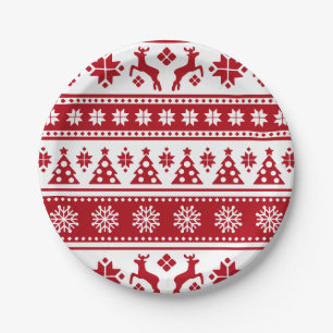 Assiettes En Carton Noël Rouge et blanc Cerfs et Motif des arbres