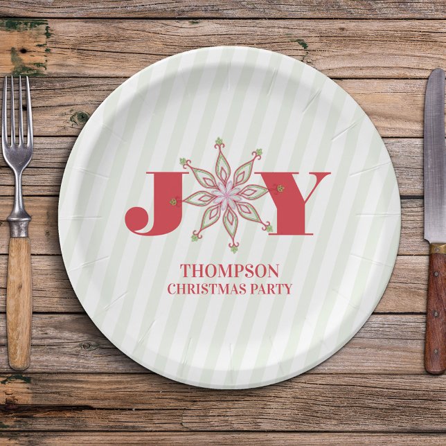 Assiettes En Carton Noël rouge et vert Simple Typographie d'hiver (Christmas Joy typography red and green snowflake paper plate. )
