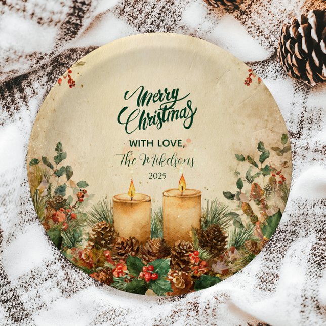 Assiettes En Carton Noël rustique aux pommes de pin et bougies (Créateur téléchargé)
