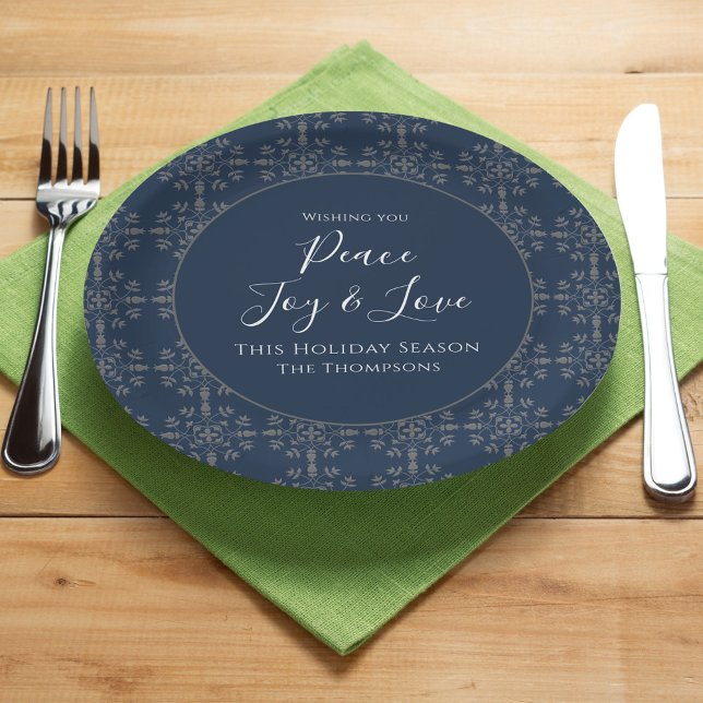 Assiettes En Carton Noël Vacances Elégante Paix Joie Amour Simple (Peace, Joy, and Love holiday Navy Blue custom paper plates.)