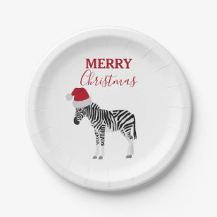 Assiettes En Carton Noël Zebra Funny Animal avec Santa Hat