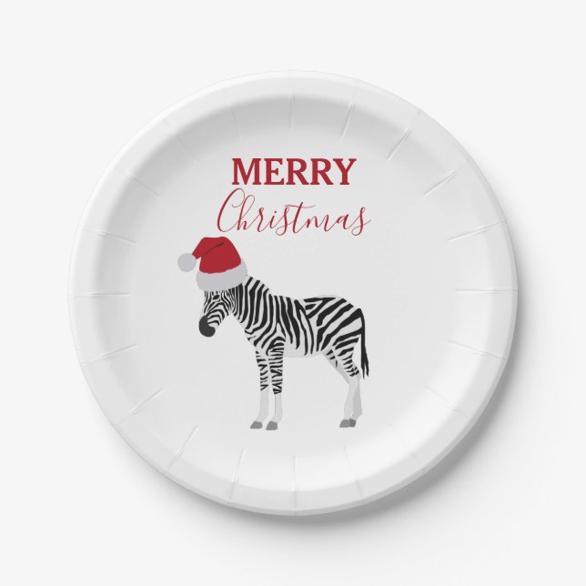Assiettes En Carton Noël Zebra Funny Animal avec Santa Hat (Devant)
