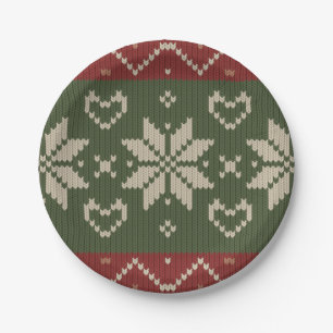 Assiettes En Carton Noëls scandinaves Knit Red Green Hearts