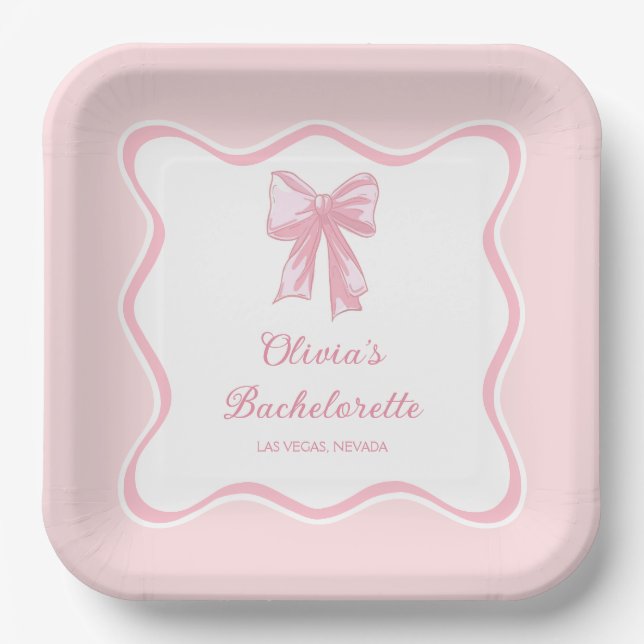 Assiettes En Carton Nœud Coquette Rose Fête de Bachelorette (Recto)