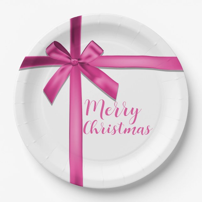 Assiettes En Carton Nœud en ruban de satin rose pastel pour fête d'ann (Devant)