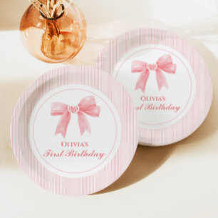 Assiettes En Carton Nœud rose et rayures Coquette 1er anniversaire