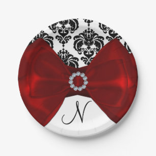 Assiettes En Carton Nœud rouge en damassé noir et blanc, fête glamour 