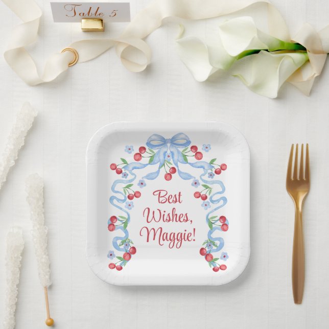 Assiettes En Carton Nœuds de cerise grandmillennial aquarelle (Mariage)