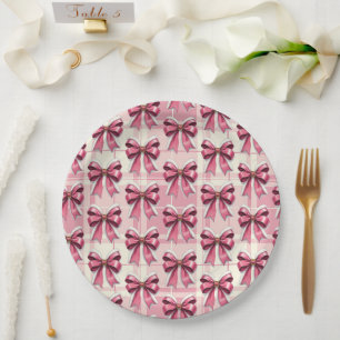 Assiettes En Carton Nœuds de Père Noël à carreaux roses de Noël